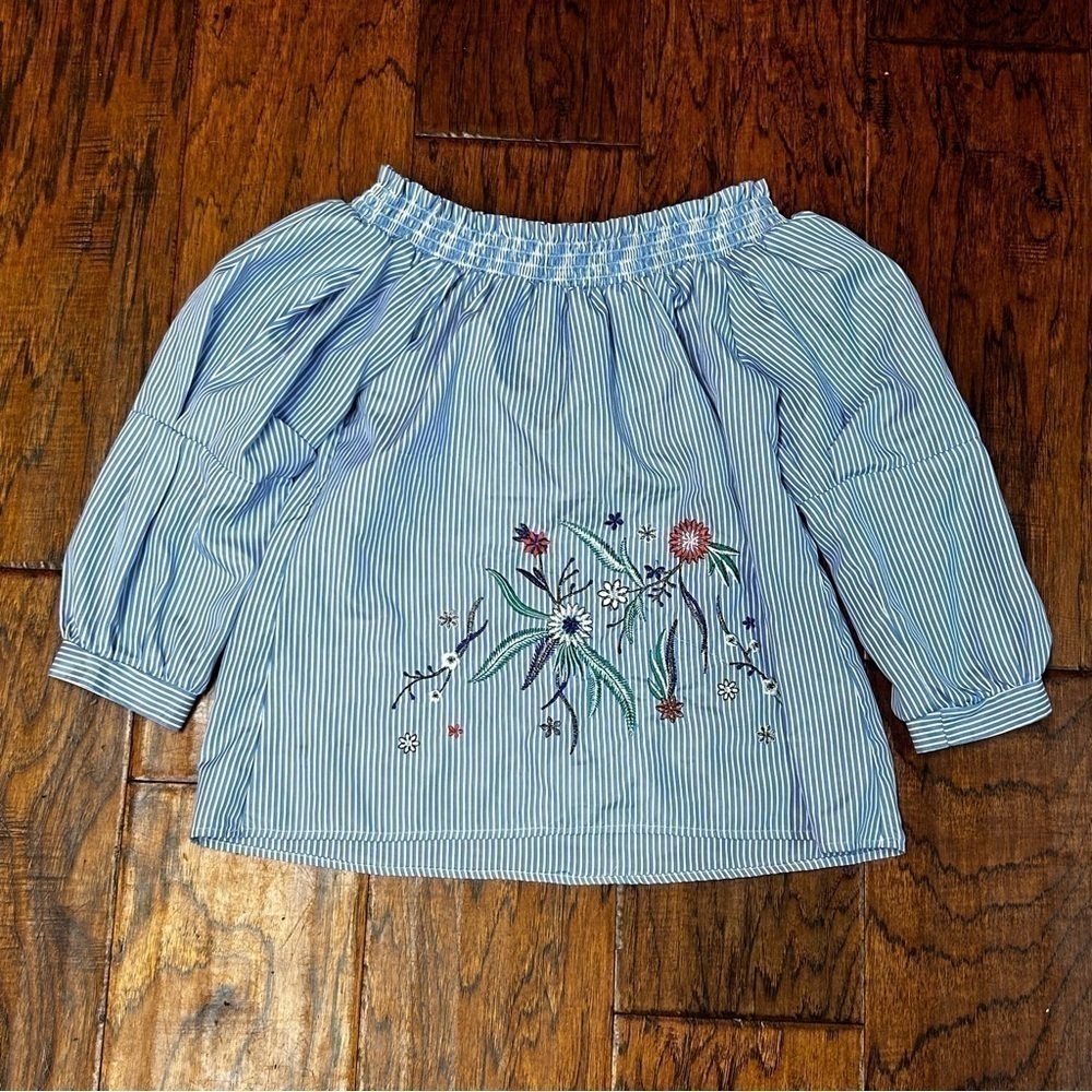 Cupio Blue & White Striped Off-Shoulder Embroidered Peasant Blouse
